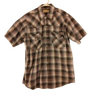 Bit & Bridle pearl snap shirt mens L Large gray plaid short sleeve western